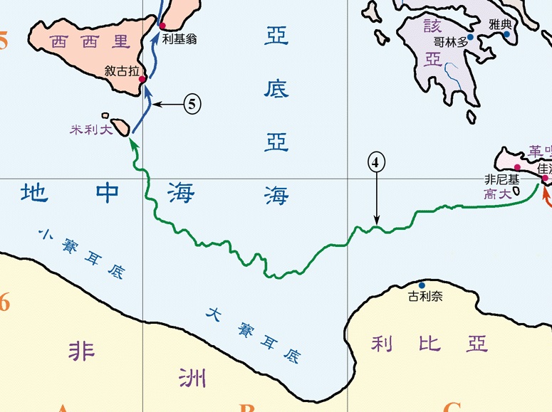 上图：保罗搭乘的船从高大岛向西飘流14天，到达马耳他岛。