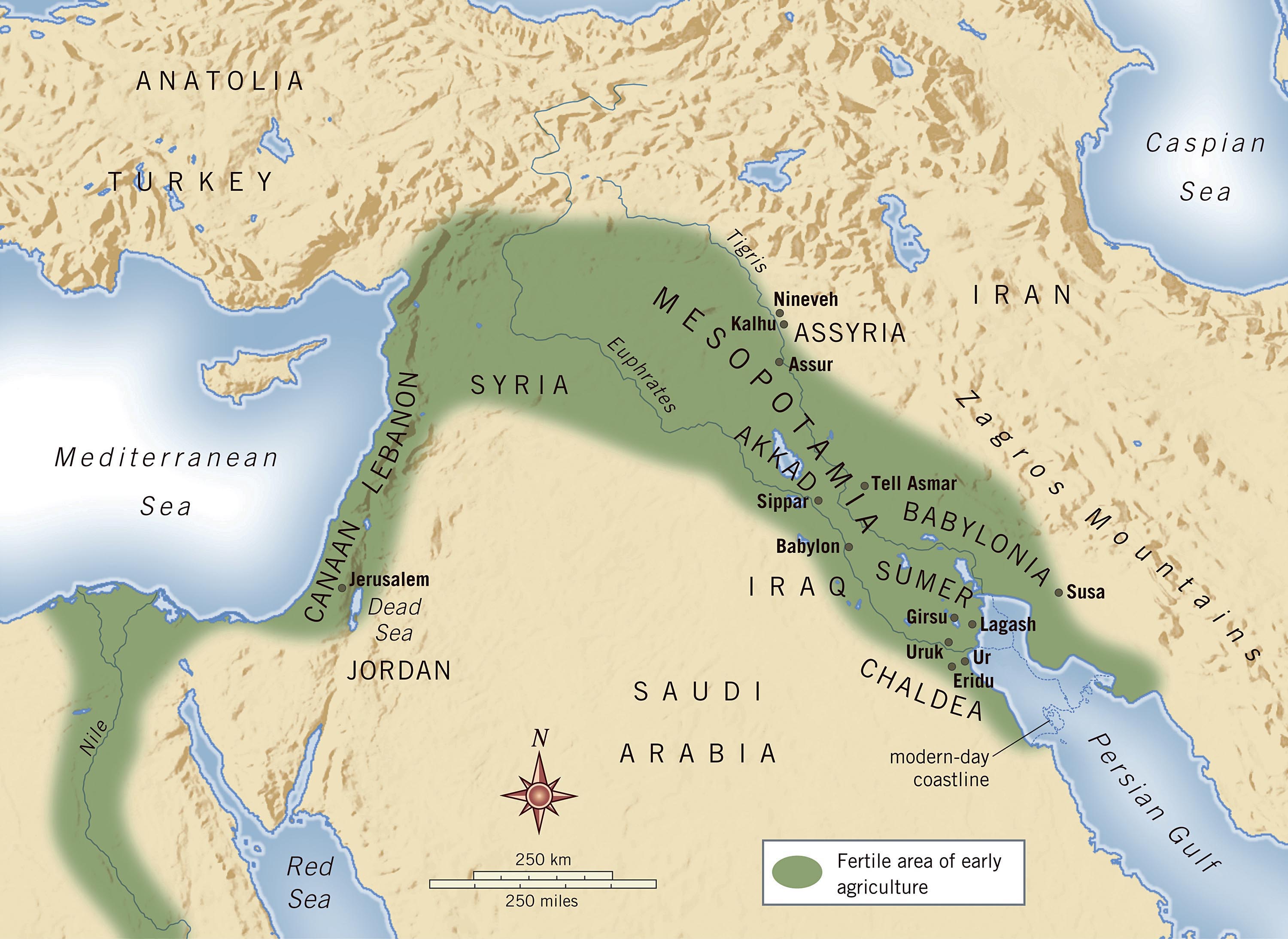 上图：古代美索不达米亚平原。美索不达米亚（Mesopotamia）是古希腊人对两河流域的称呼，两条河指幼发拉底河（Euphrates）和底格里斯河（Tigris），这两条河发源于今天土耳其境内的安纳托利亚（Anatolia）山区，流经美索不达米亚平原，在下游逐渐汇聚成阿拉伯河，流入波斯湾。两河之间的美索不达米亚是由沙漠、山峦和大海环绕而成的平原，周围缺少天然屏障，历史上有许多民族在此接触、入侵、融合，产生了人类最早的古文明，称为两河文明或美索不达米亚文明。这两条河每年氾滥，所以下游土壤肥沃，富含有机物和矿物质，同时该地气候干旱，需要用大规模的人力协作来进行灌溉，从事农业丰产。因此这里很早就形成了成熟的文字、众多的城市及周围的农业社会，相继出现了欧贝德（Ubaid）、乌鲁克（Uruk）、吾珥（Ur）、苏美尔（Sumer）、阿卡德（ Akkadian）、巴比伦（Babylon）、亚述（Assyria）等古代文明，最终被波斯和希腊帝国所征服，渐渐被人遗忘。从美索不达米亚到尼罗河（Nile）流域的新月形地带，被称为肥沃新月（Fertile Crescent）。