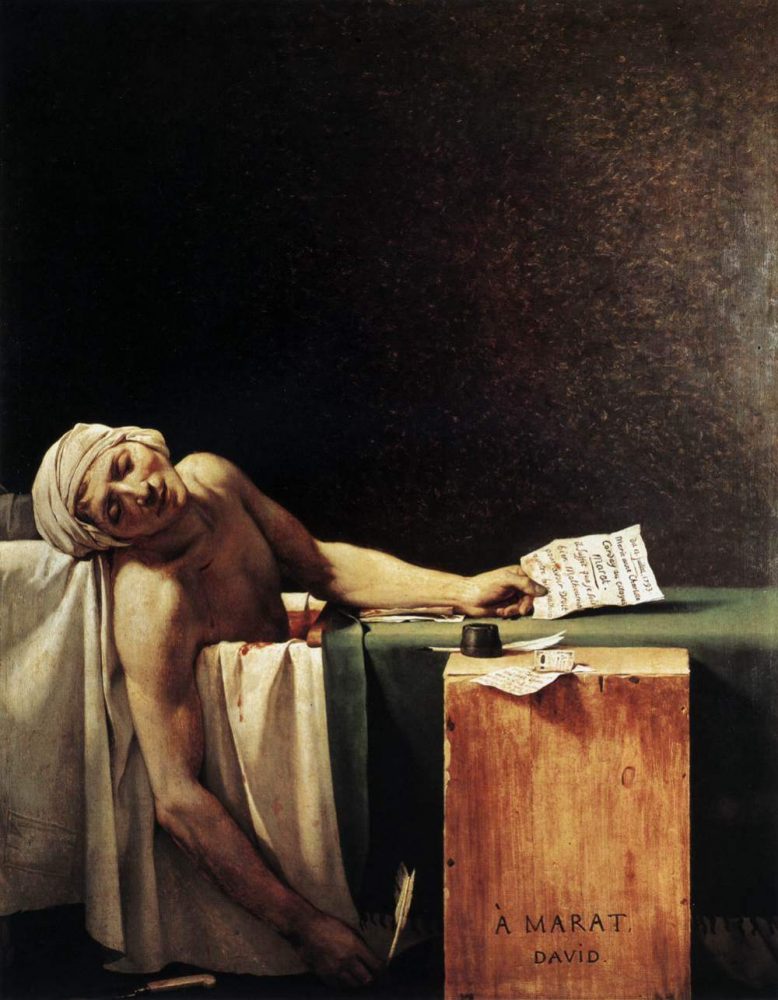  上图：法国大革命画家雅克-路易·大卫（Jacques-Louis David）1793年的油画作品《马拉之死 The Death of Marat》。让-保尔·马拉（Jean-Paul Marat，1743-1793年）是法国大革命时期的革命家，因有慢性皮肤疾病，每天泡在带有药液的浴缸中为革命工作。1793年1月，法国大革命吉伦特派（Girondins）主导的国民公会（Convention nationale）投票把善良的国王路易十六推上了断头台。6月，更革命的雅各宾派（Jacobin）逮捕了吉伦特派，马拉负责主持镇压吉伦特派。7月，当他记录吉伦特派名单、准备把他们送上断头台的时候，被吉伦特派的支持者刺杀了。马拉的朋友雅克-路易·大卫把马拉描绘成为革命献身的殉道者，激起了法国人对雅各宾派的同情，把雅各宾派的恐怖政治推上了巅峰，以致罗伯斯庇尔说：「马拉的死亡竟然比他的生命更影响这个世界」。10月，雅各宾派主导的国民公会投票把吉伦特派领导人集体推上了断头台。到了1794年7月，其他革命者主导的国民公会又投票把雅各宾派的领导人集体推上了断头台。离开神来谈论「公义」，只不过是「成者为王、败者为寇」，革命只不过是「城头变幻大王旗」而已，正如吉伦特派革命者罗兰夫人（Madame Roland）在断头台上向着革命广场上的自由雕像发出的叹息：「自由自由，天下古今几多之罪恶，假汝之名以行！」