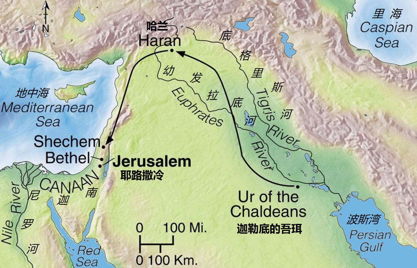 上图：亚伯拉罕从吾珥到迦南的路线，全程约1900公里。「亚伯拉罕和拿鹤的父亲他拉，住在大河那边事奉别神」（书二十四2），神呼召亚伯拉罕离开了幼发拉底河那边的老家吾珥。他们可能是沿着幼发拉底河西岸的商业大道前往迦南，沿途经过巴比伦、利马、哈兰和大马士革等城市，从吾珥到哈兰大约1100公里，从哈兰到迦南地大约800公里。亚伯拉罕信靠神，凭信心走完了这段漫长的路程，所以圣经说：「亚伯兰信耶和华，耶和华就以此为他的义」（创十五6）。