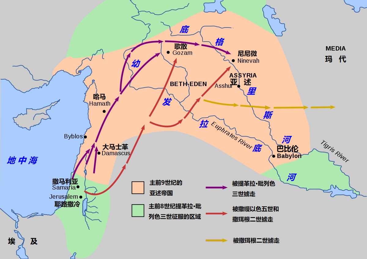 上图：主前743年以后提革拉·毗列色三世的扩张，以色列人被亚述掳走。提革拉·毗列色三世强迫迁徙被征服地区的人民，以穏固亚述帝国的统治。