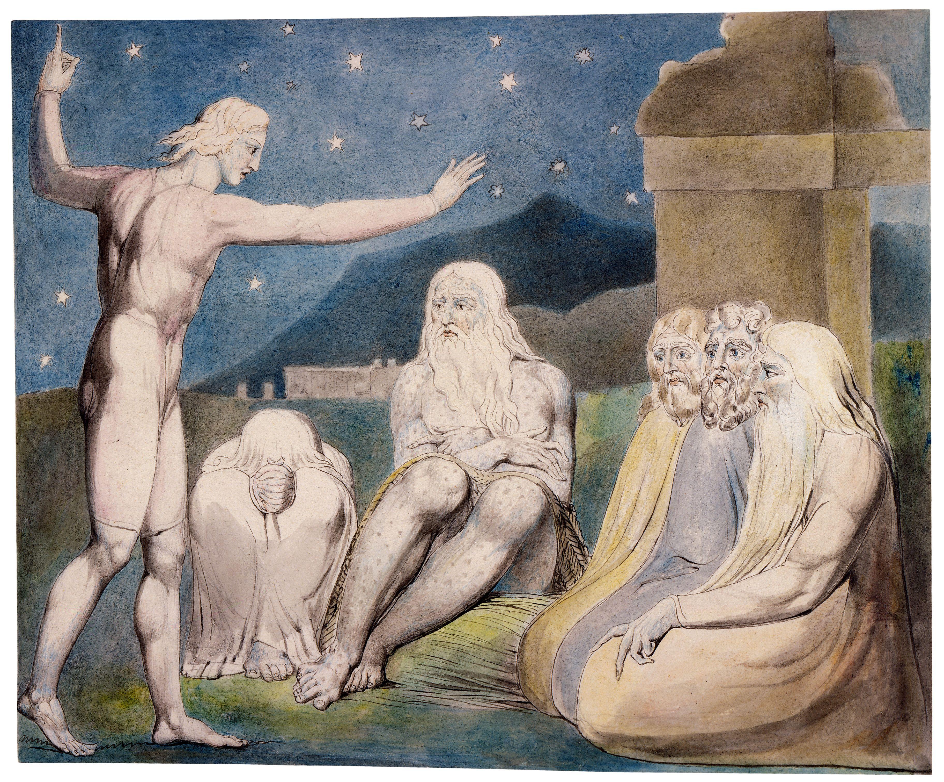 上图：英国诗人、画家威廉·布莱克（William Blake，1757-1827年）的版画《以利户的愤怒 The Wrath of Elihu》，描绘「我年轻，你们老迈；因此我退让」（伯三十二6）。